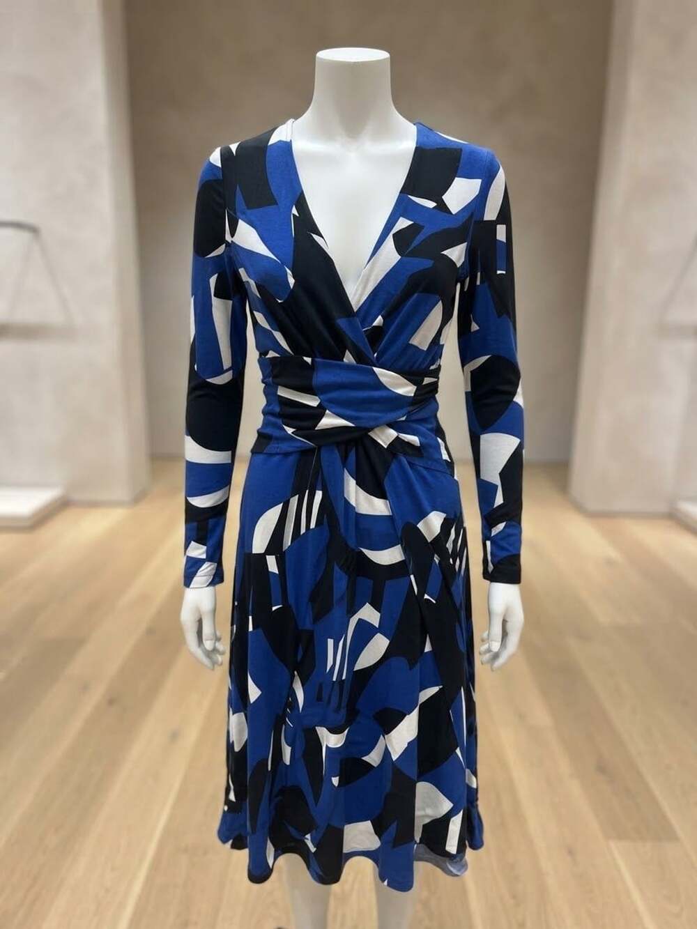 Vintage Caché Long Sleeve Wrap Dress Size XS Blue Black Abstract Print
